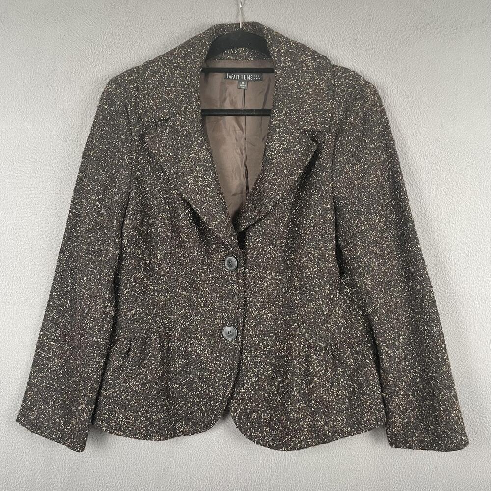 Lafayette 148 Blazer Womens 14 Brown Tweed Wool Lined Collared Pockets
